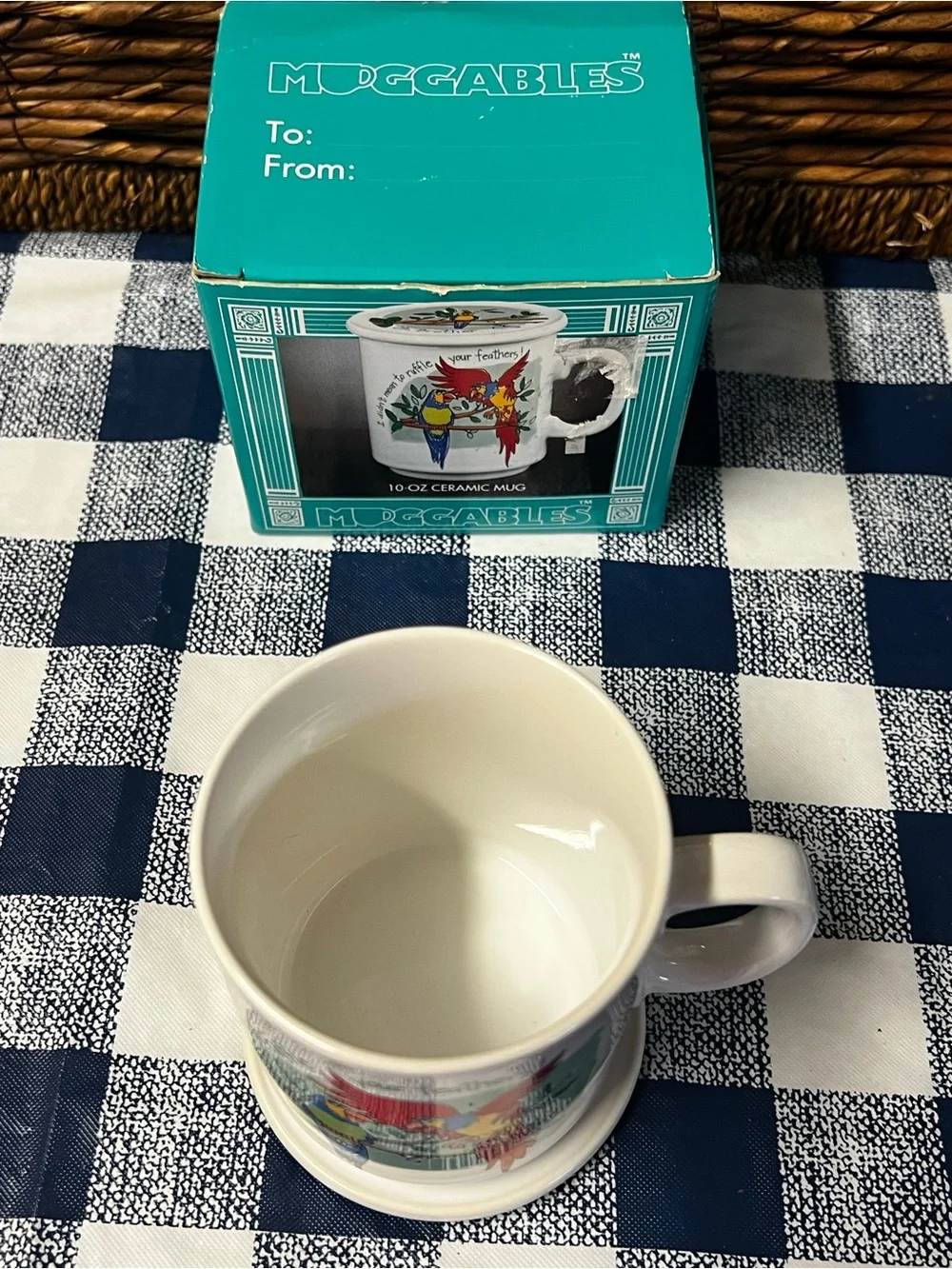 Vintage Muggables Parrot Coffee Mug with Lid & Original Box Ruffle Your Feathers